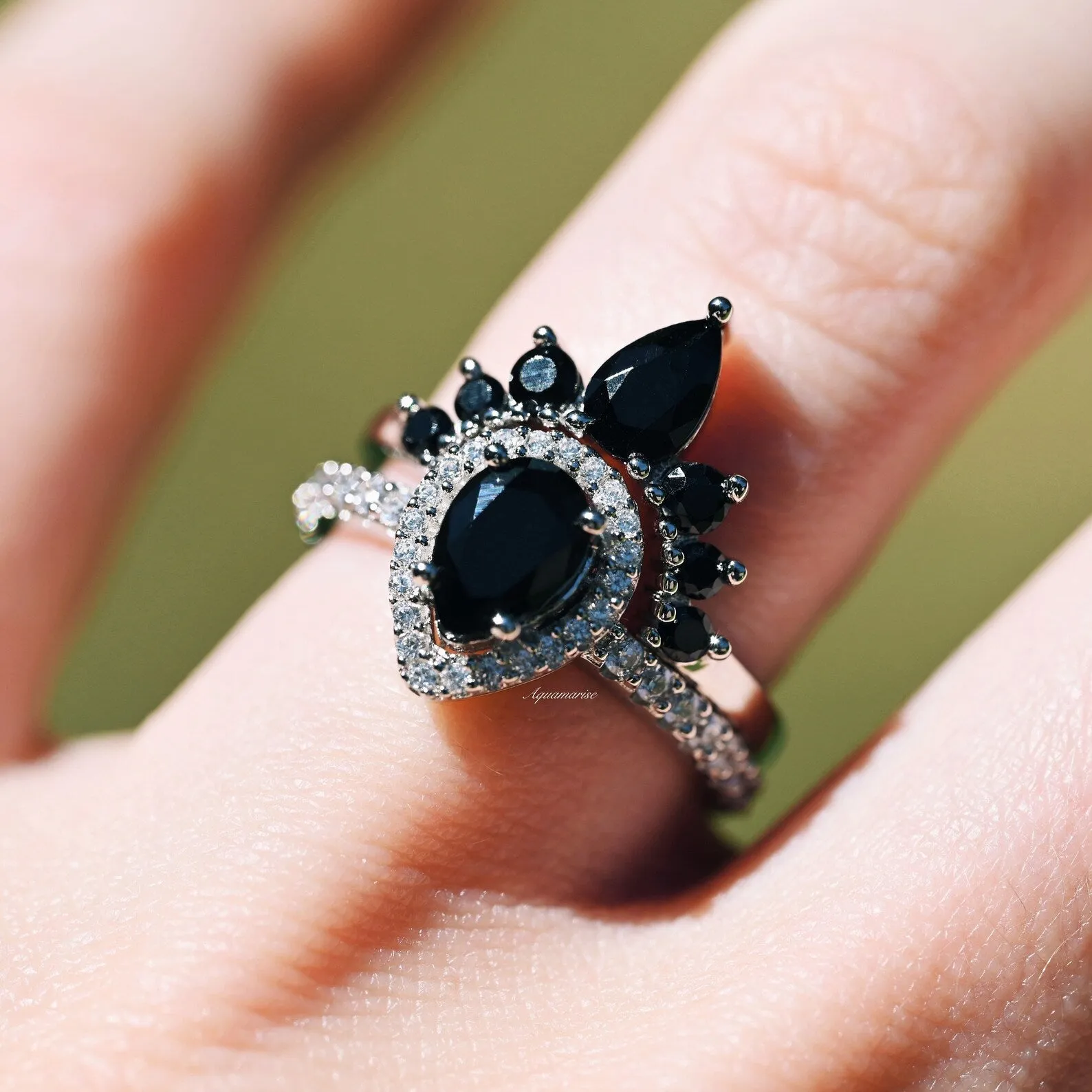 Amy Black Diamond (Onyx) Ring Set- 925 Sterling Silver