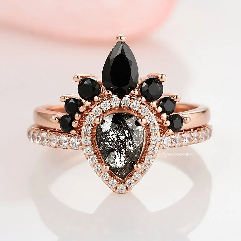 Amy Rutilated Quartz & Black Diamond (Onyx) Ring Set- 14K Rose Gold Vermeil