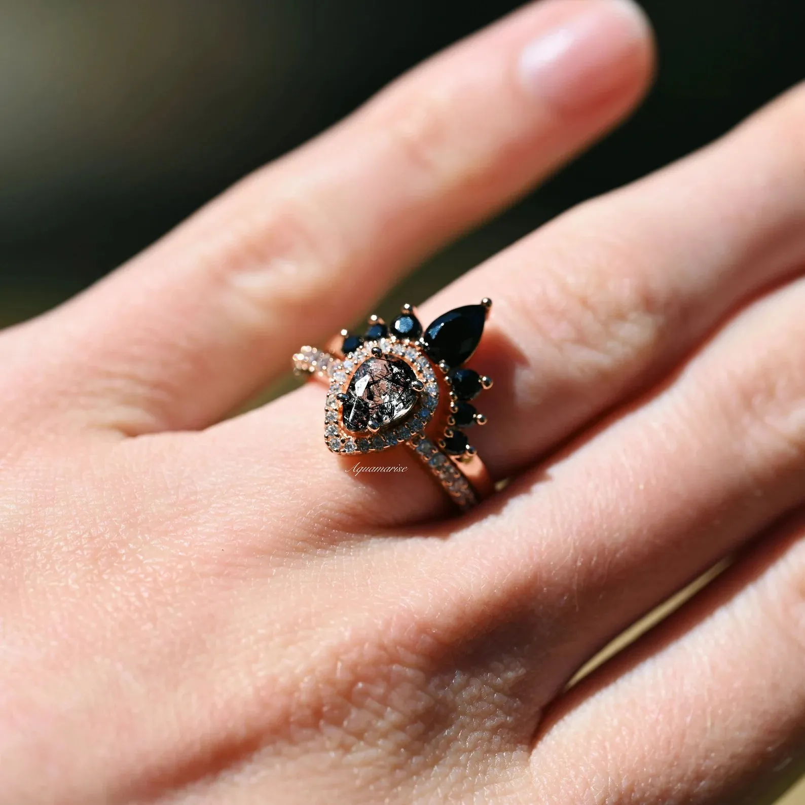 Amy Rutilated Quartz & Black Diamond (Onyx) Ring Set- 14K Rose Gold Vermeil