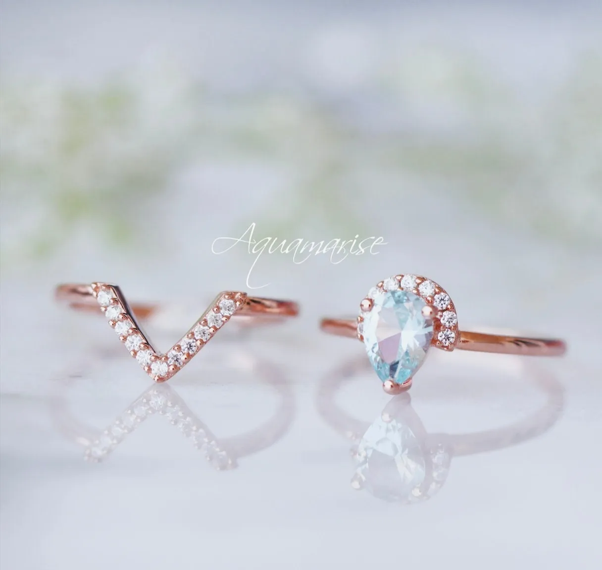 Aria Aquamarine Ring Set- 14K Rose Gold Vermeil