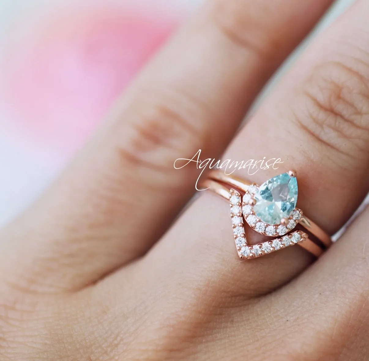 Aria Aquamarine Ring Set- 14K Rose Gold Vermeil