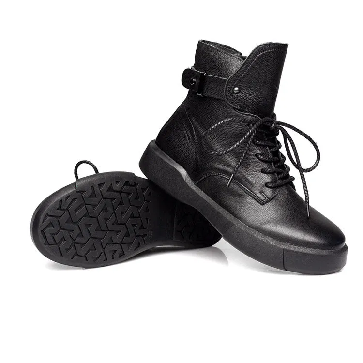 Autumn Winter Retro Leather Lace-up Black Ankle Boots for Women