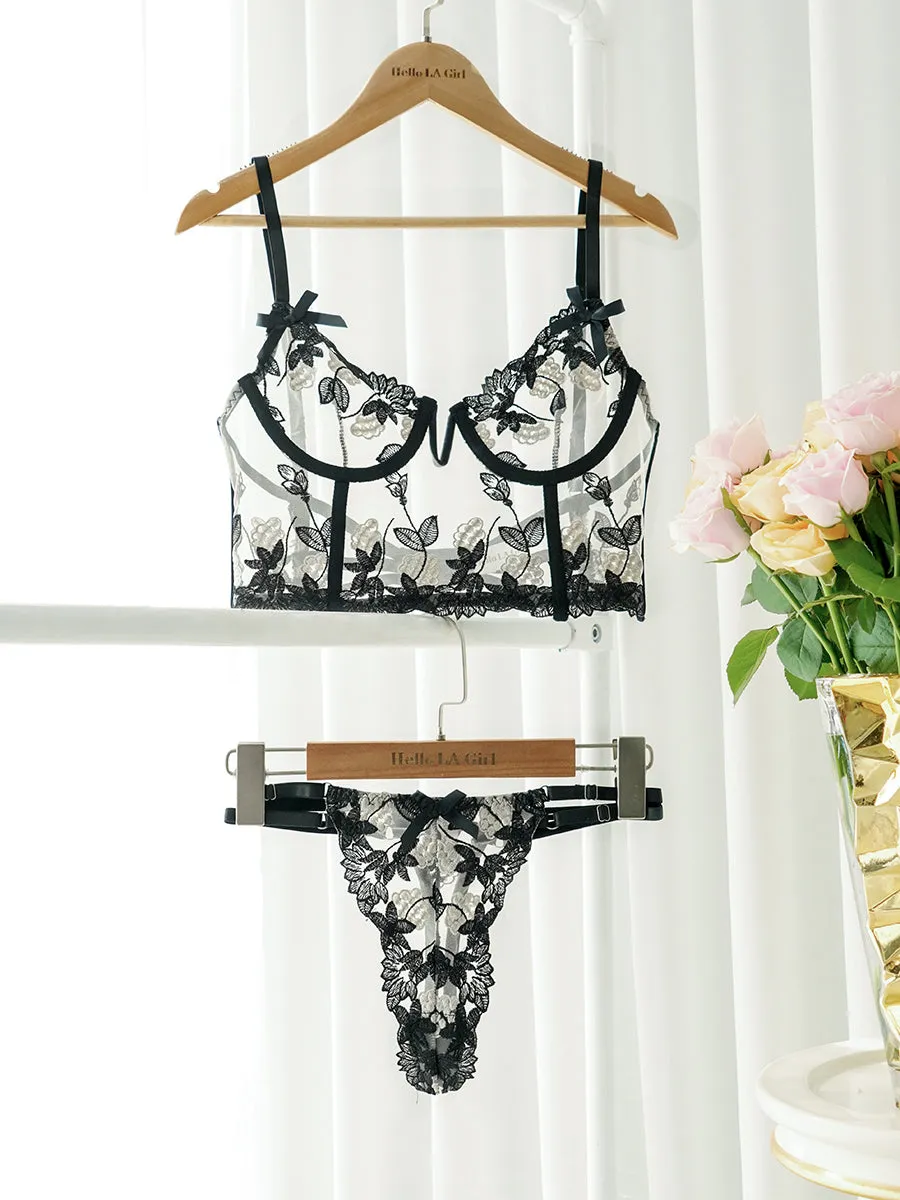 Black Floral Embroidery Bustier Straps Lingerie Set