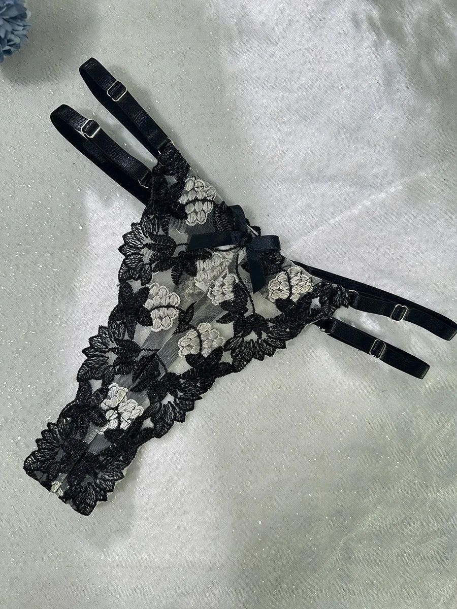 Black Floral Embroidery Bustier Straps Lingerie Set