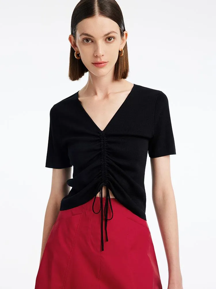 Black Pleated V-Neck Knit Top