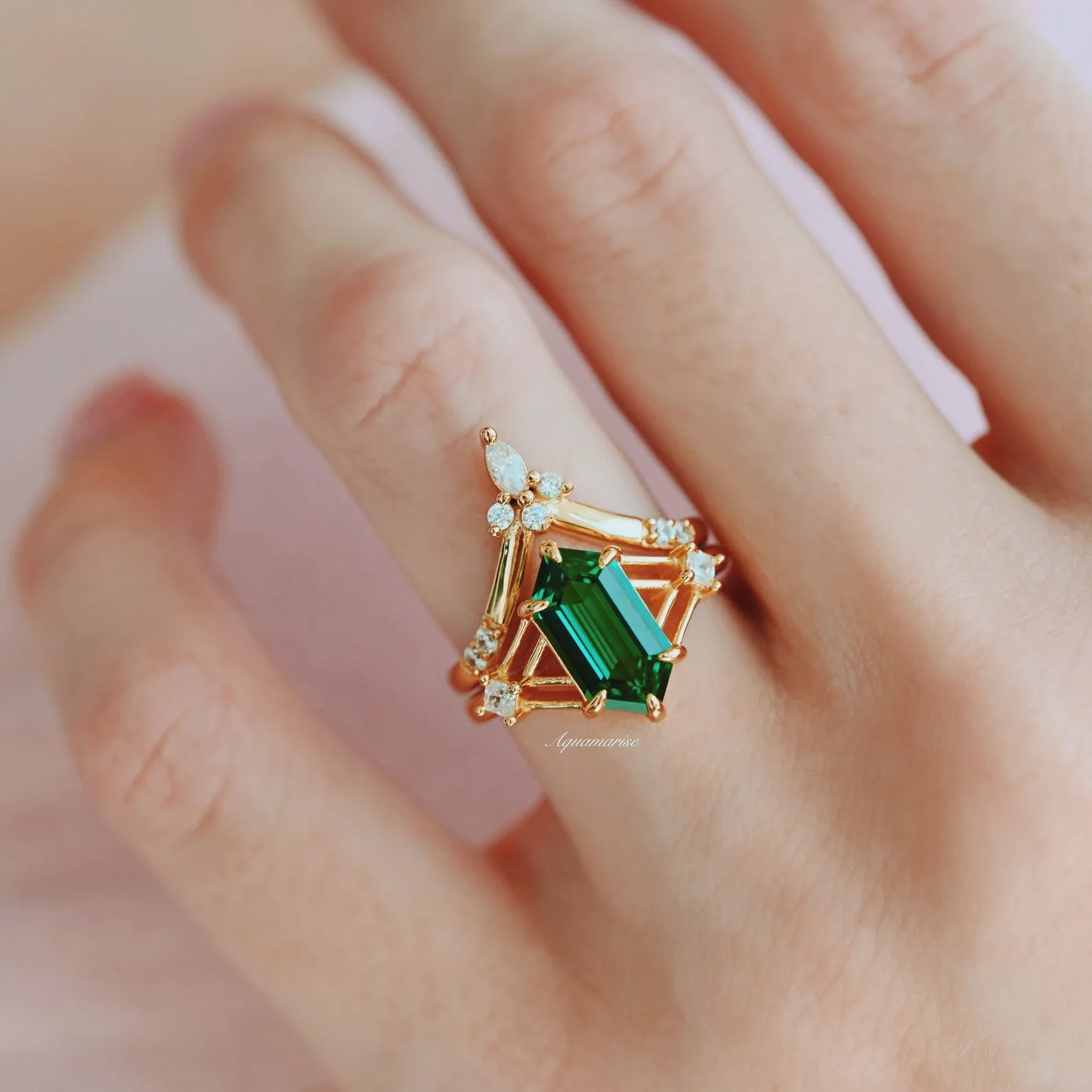 Celtic Hexagon Emerald Ring Set- 14K Yellow Gold Vermeil