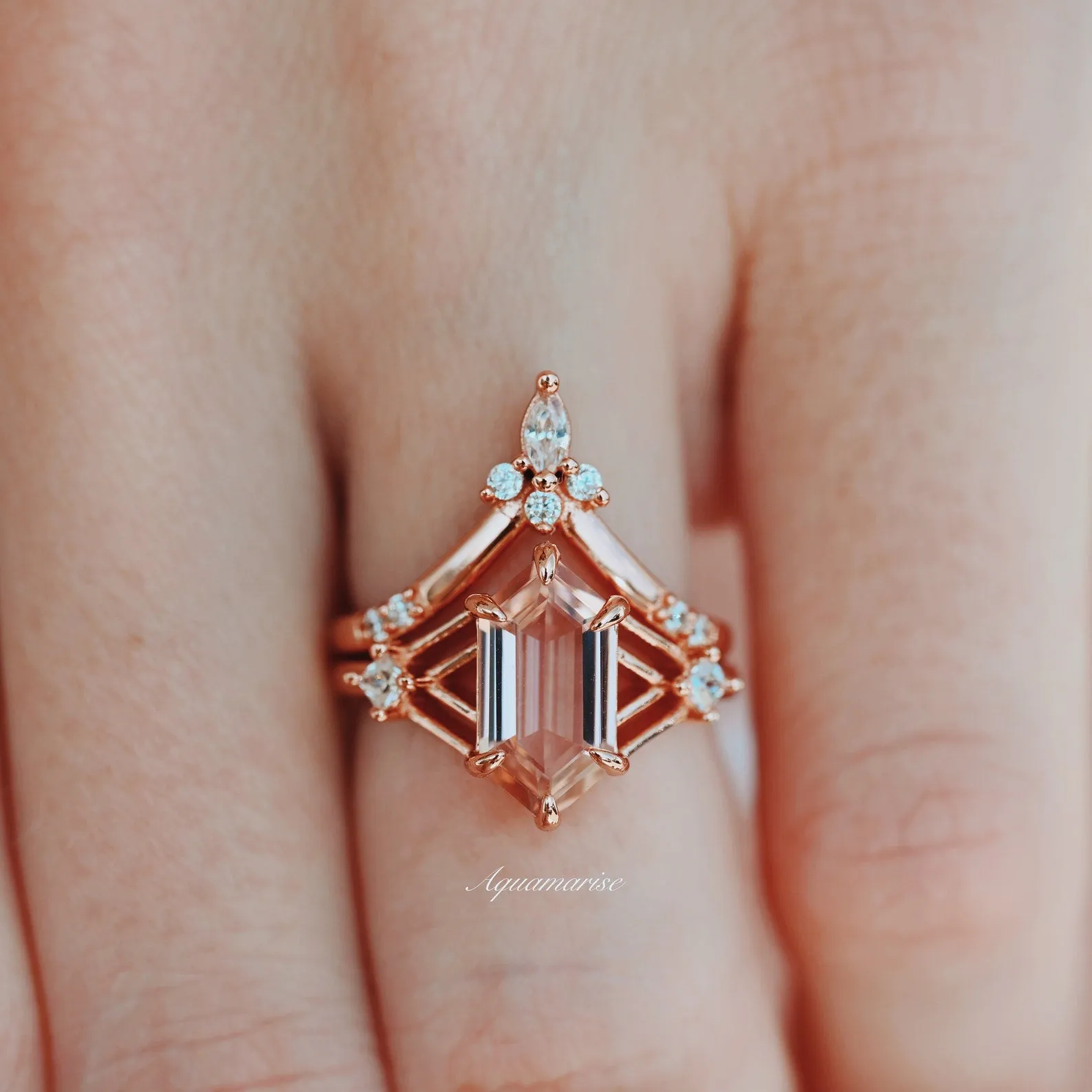 Celtic Hexagon Morganite Ring Set- 14K Rose Gold Vermeil