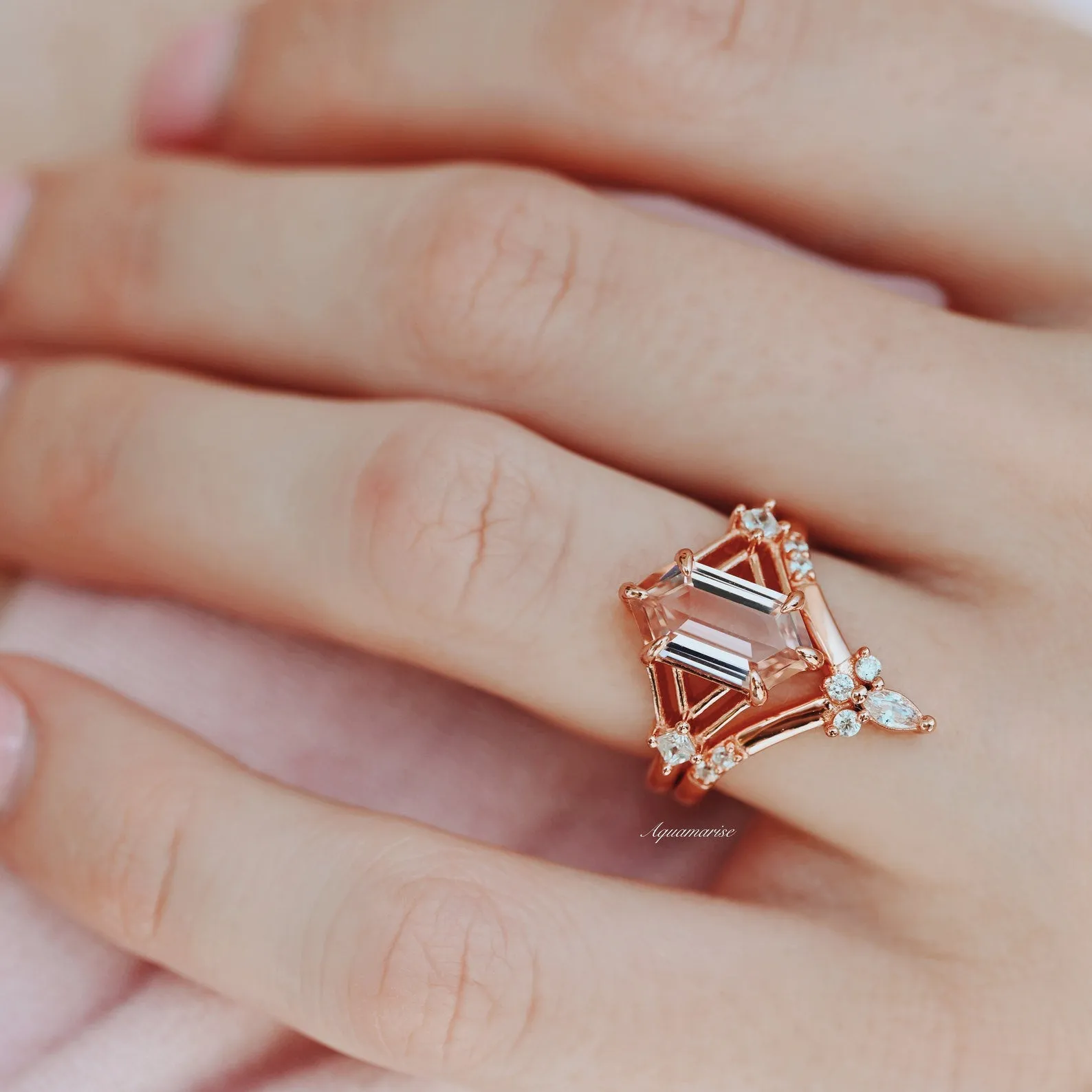 Celtic Hexagon Morganite Ring Set- 14K Rose Gold Vermeil