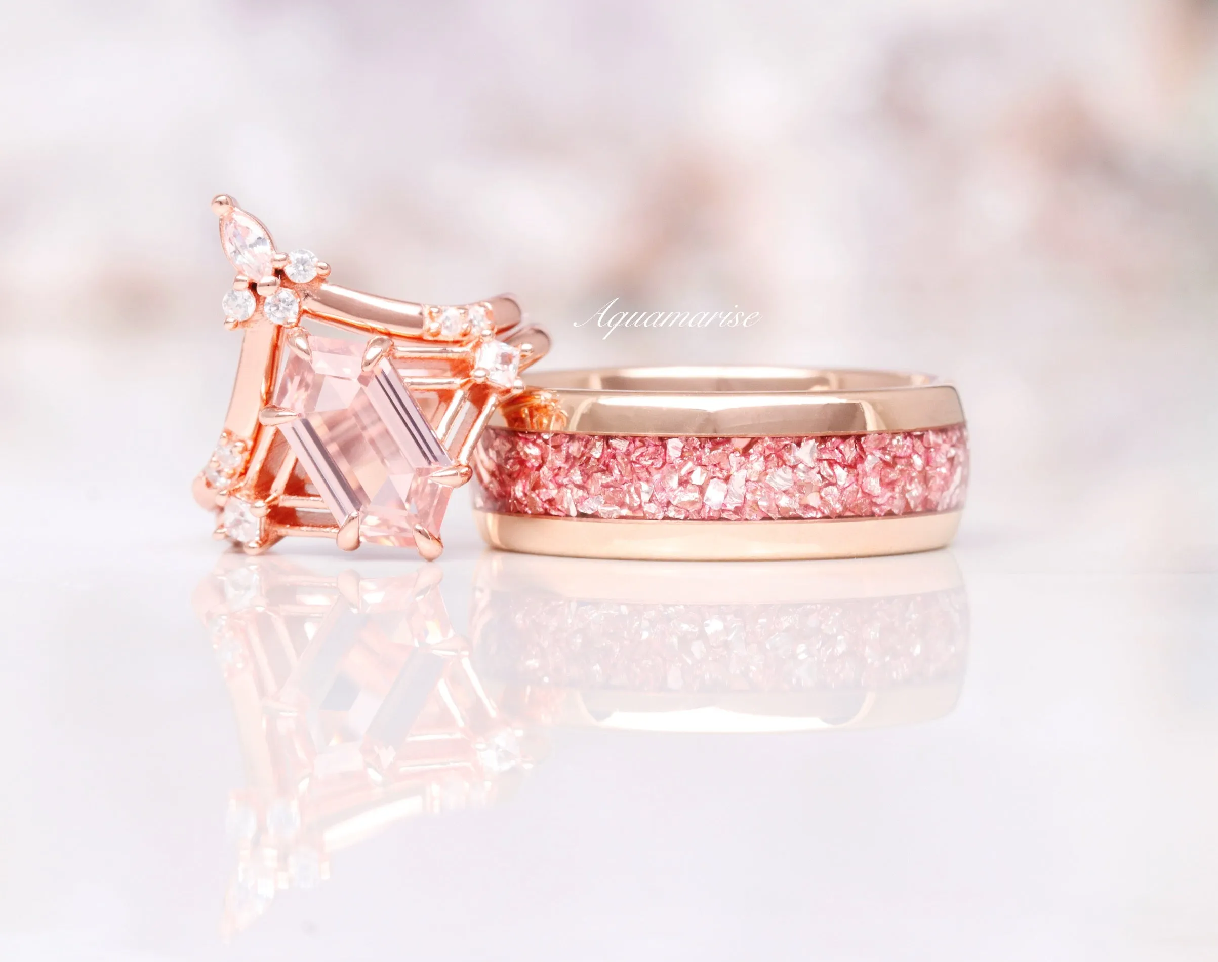 Celtic Hexagon Morganite Ring Set- 14K Rose Gold Vermeil