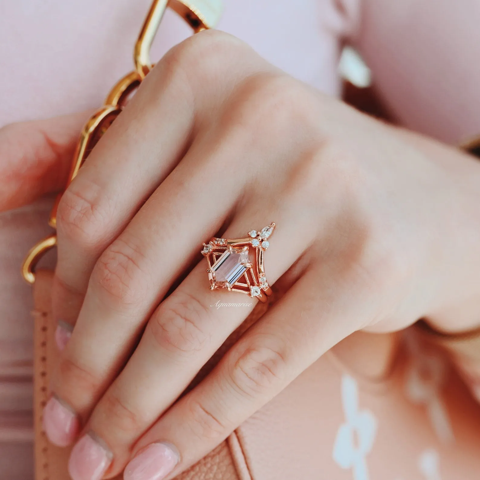 Celtic Hexagon Morganite Ring Set- 14K Rose Gold Vermeil