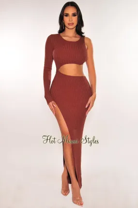 Chocolate Ribbed Knit One Sleeve Cut Out Slit Maxi Dress