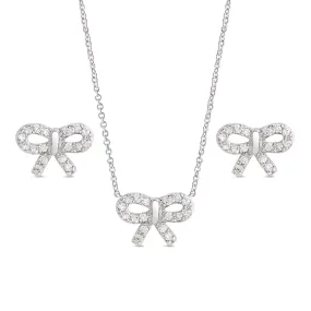 CZ Bow Pendant and Stud Earrings Set in Sterling Silver