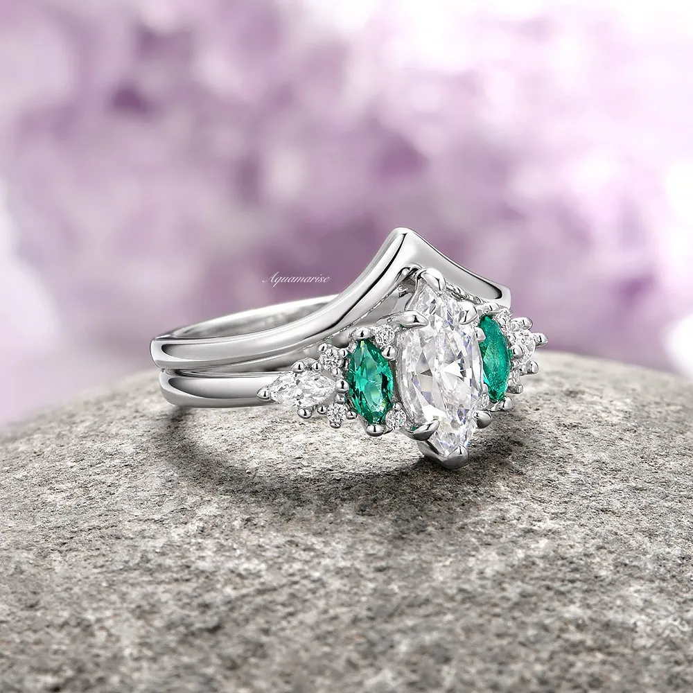 Emerie Moissanite Diamond & Emerald Engagement Ring Set- 14K White Gold