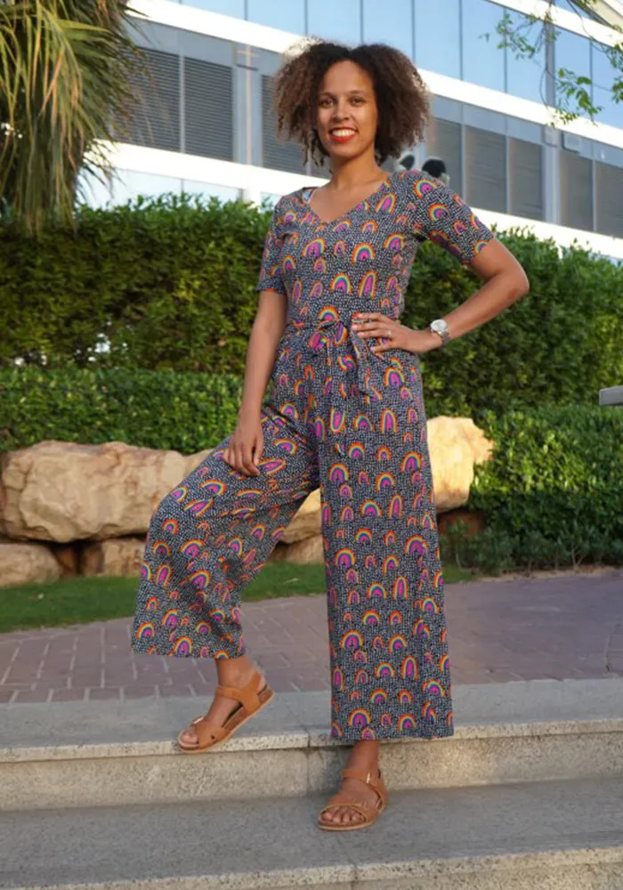 Evander Navy Rainbow Print Cotton Jumpsuit