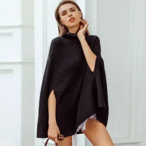 Feminine Ribbed Knit Oversized Turtleneck Poncho Sweater