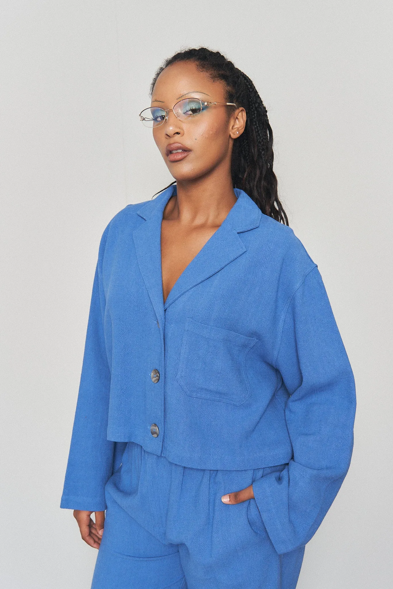 French Blue Linen Crop Jacket