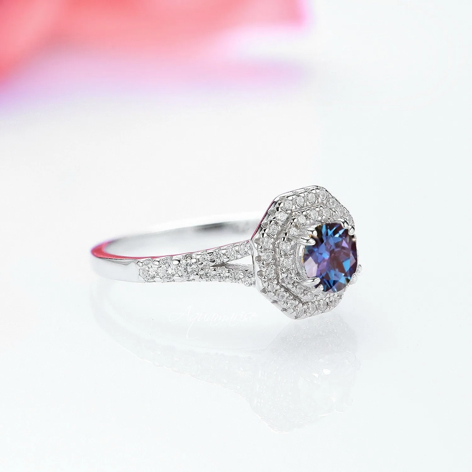 Hexagon Teal & Purple Alexandrite Engagement Ring- 14K White Gold