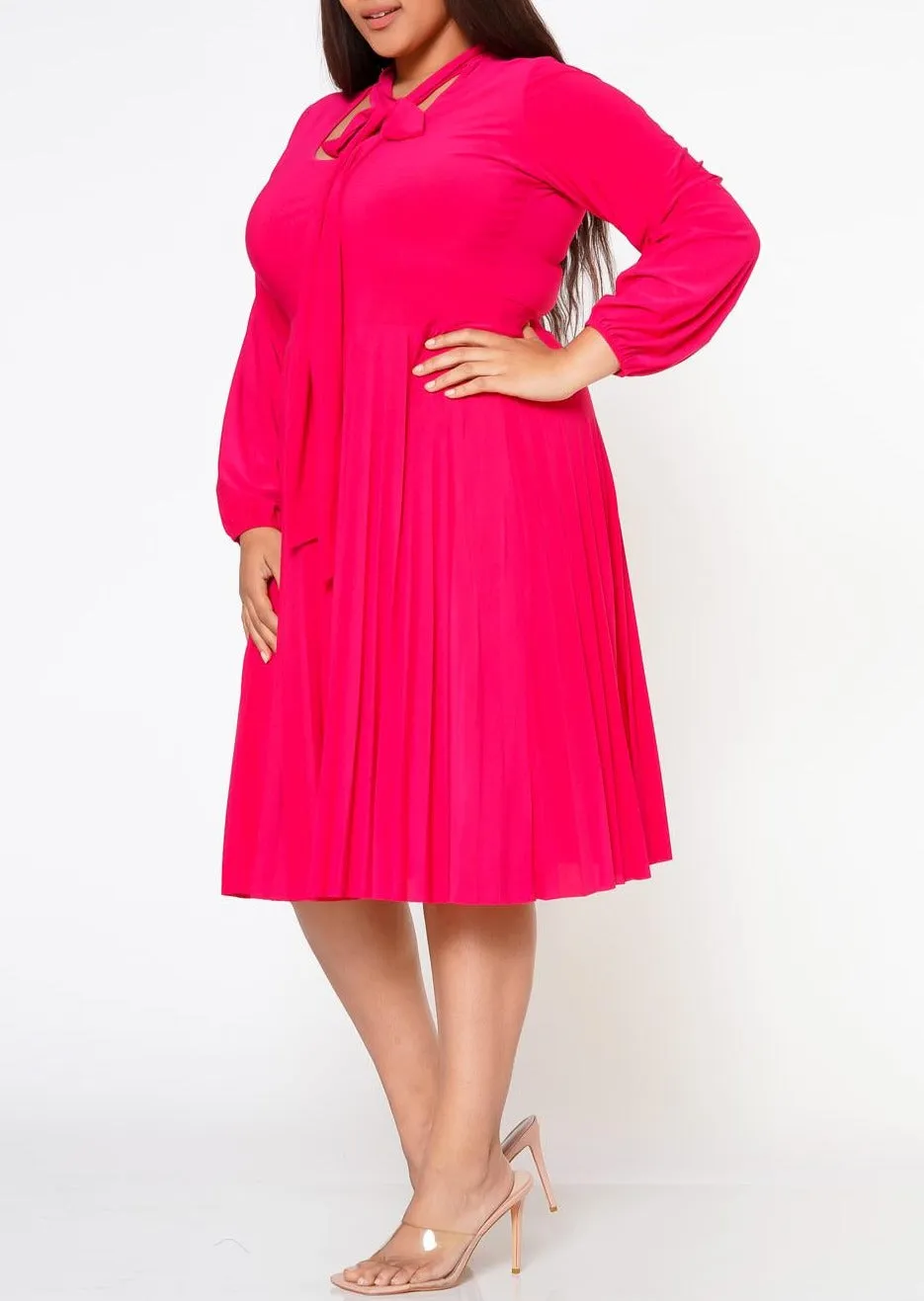 Hi Curvy Plus Size Bow Collar Pleated Fit & Flare Dress