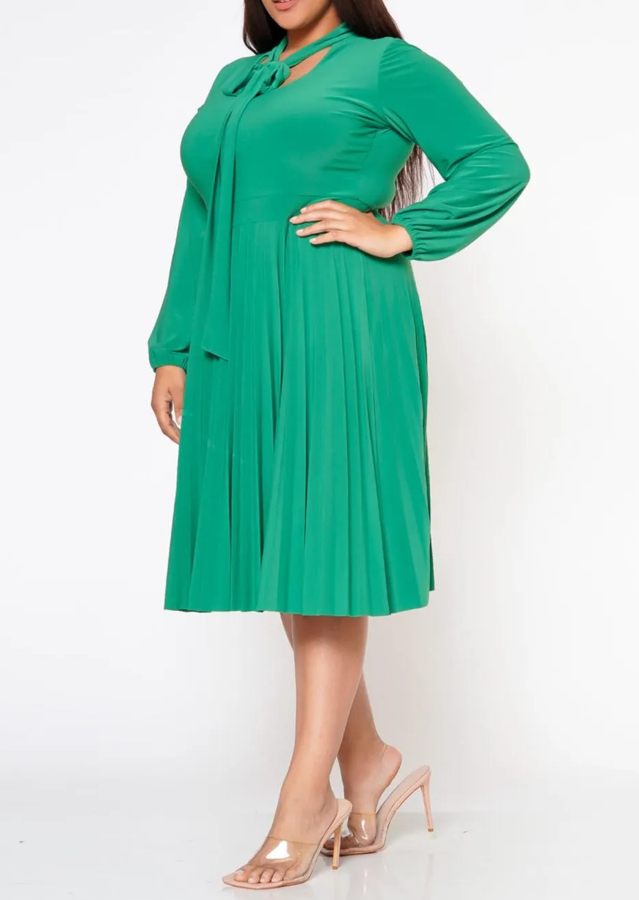 Hi Curvy Plus Size Bow Collar Pleated Fit & Flare Dress