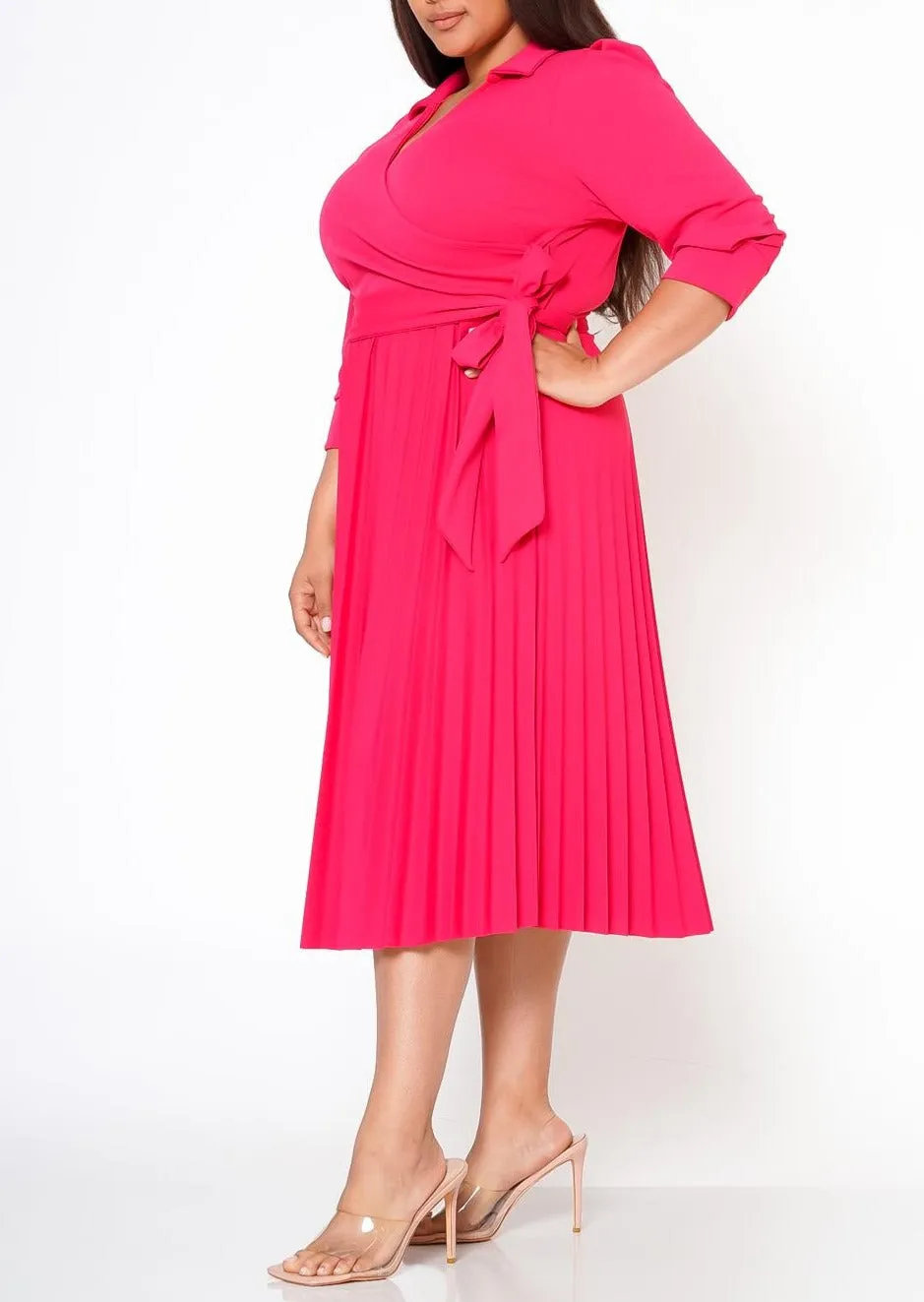 Hi Curvy Plus Size Women Pleated Flare Midi Dress