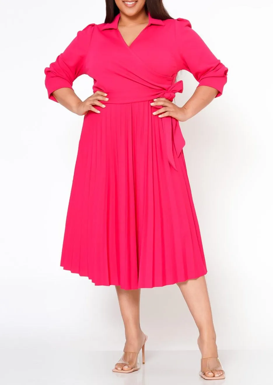 Hi Curvy Plus Size Women Pleated Flare Midi Dress