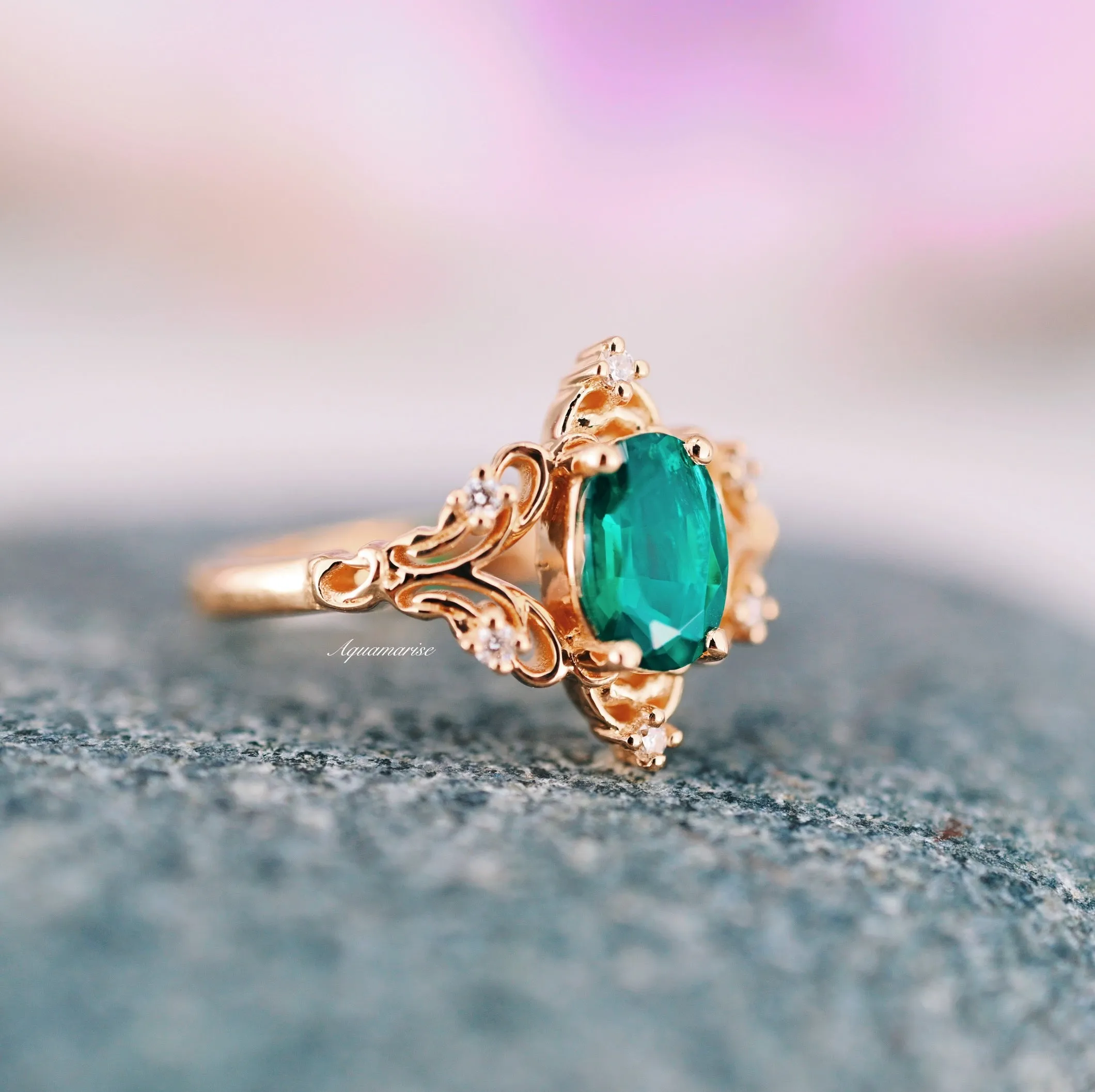 Maeve Emerald Ring- 14K Solid Yellow Gold Oval Fairy Engagement Ring