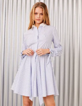 MARK FAST Women Pin Striped Pattern Rope Long Sleeve Self Belt Shirt Dress