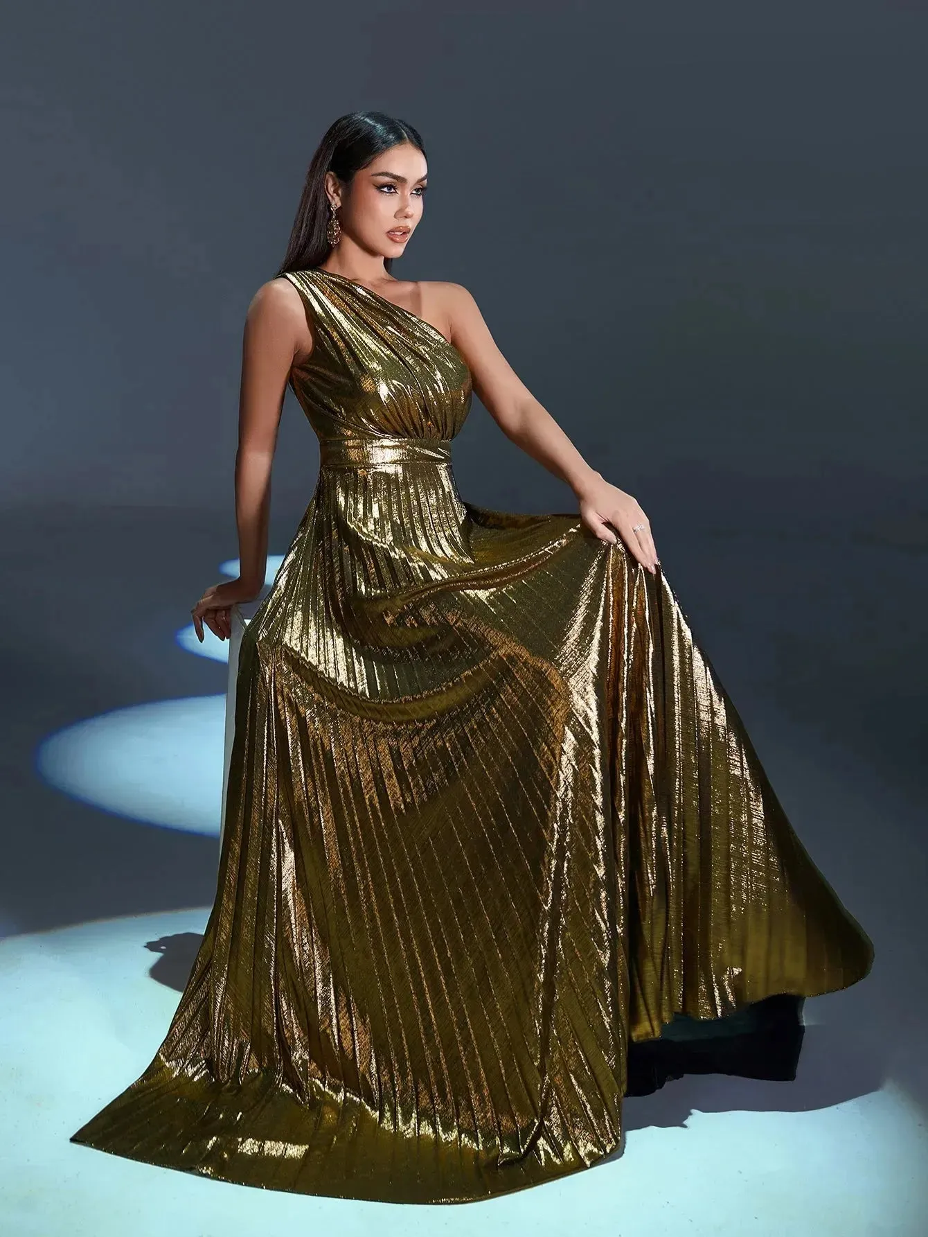 Metallic One Shoulder Sleeveless Pleated Evening Dress