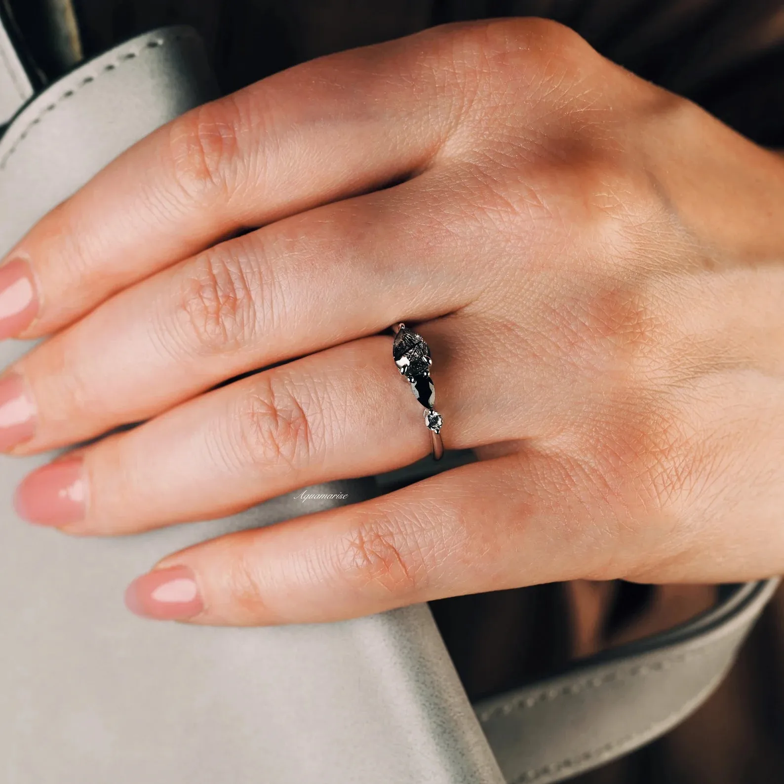 Natural Rutilated Quartz & Black Onyx Ring For Women- Sterling Silver