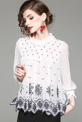 Pleated Chiffon Top W/ Embroidery