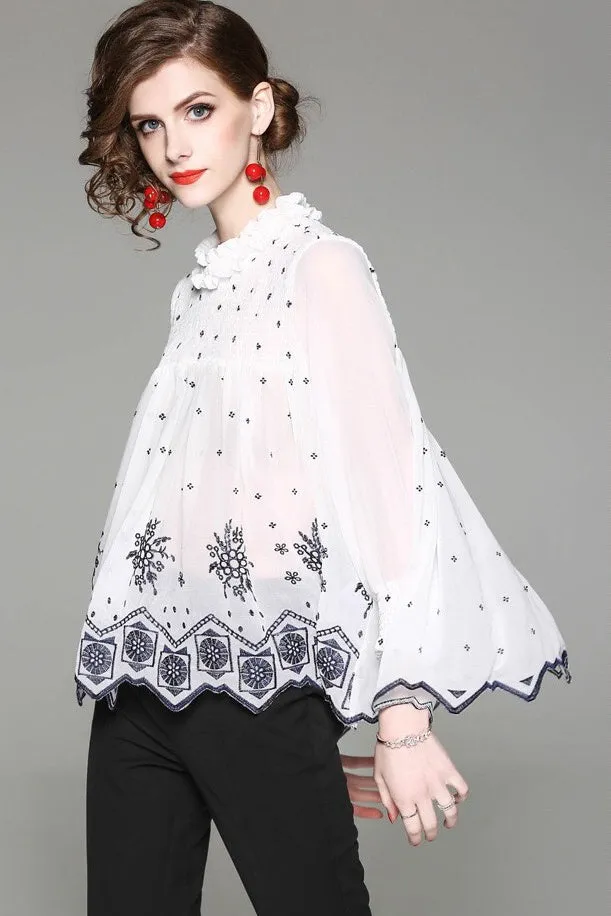 Pleated Chiffon Top W/ Embroidery