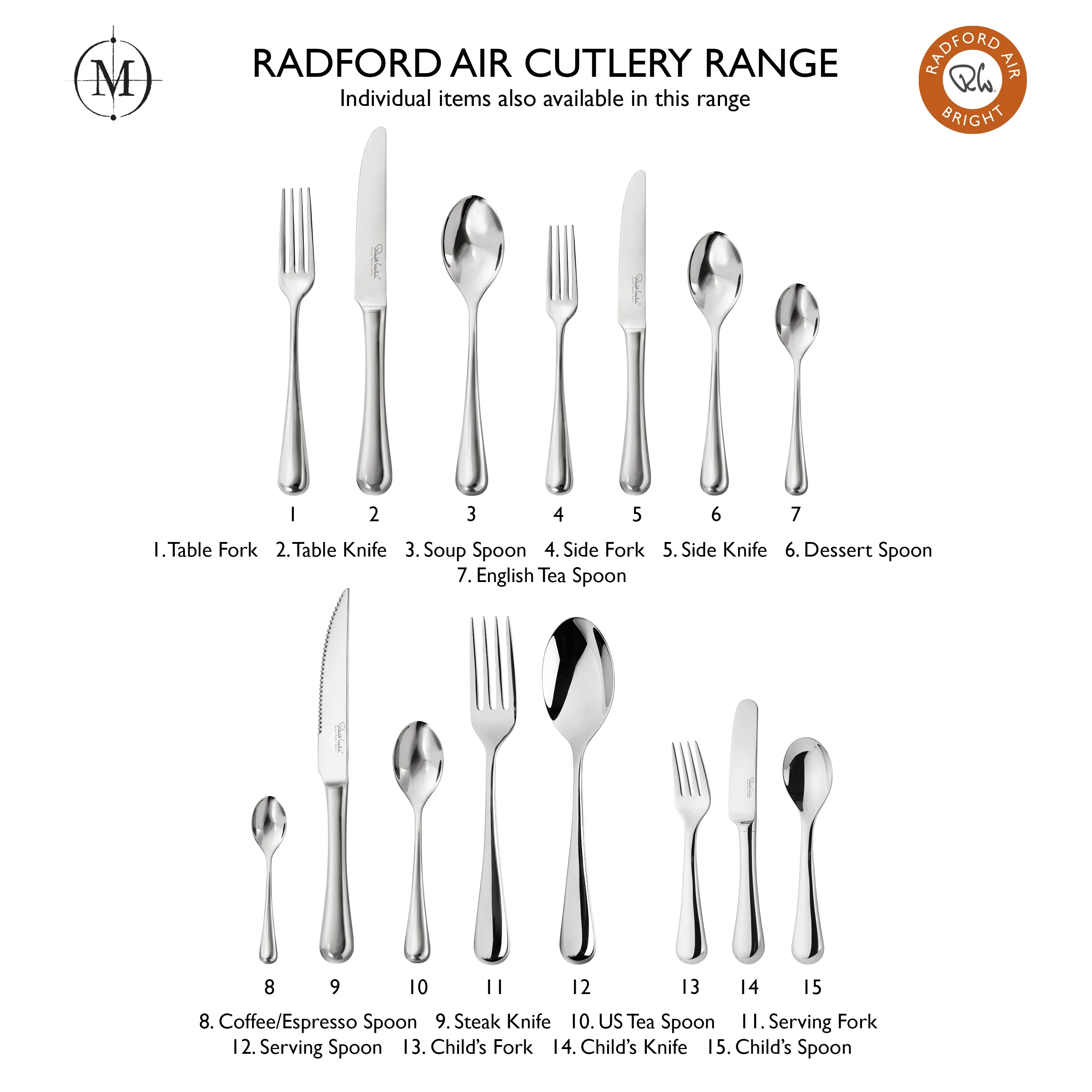 Radford Air Bright Cutlery Set, 24 Piece for 6 People