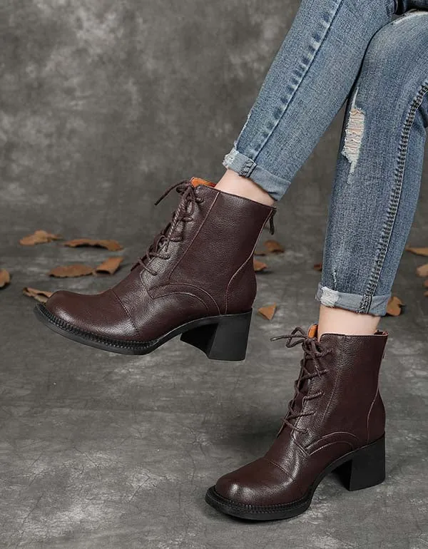 Real Leather Lace-up Chunky Heels Ankle Boots