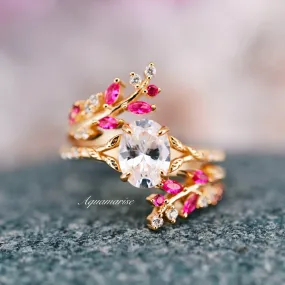 Ruby & Moissanite/Diamond Leaf Engagement Ring Set- 14K Solid Yellow Gold