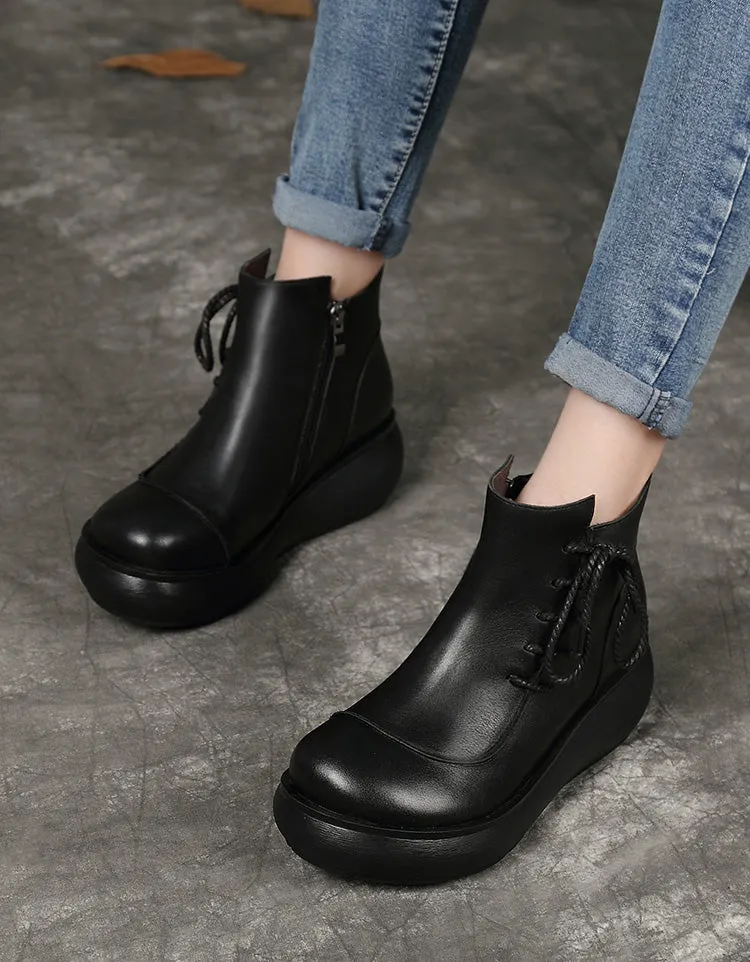 Side Lace-up Handmade Wide Toe Box Wedge Boots