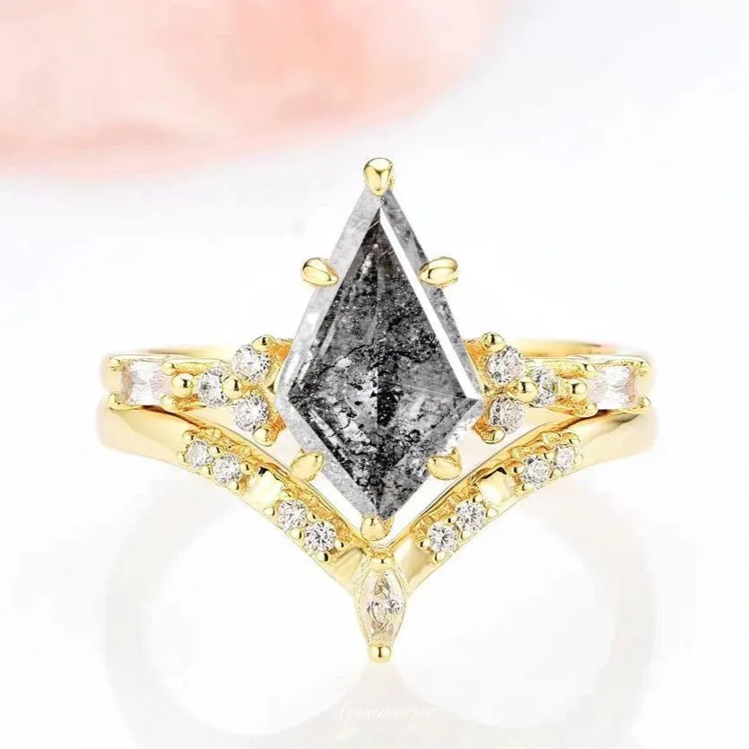 Skye Galaxy Raw Salt & Pepper (Herkimer) Diamond Ring Set- 14K Yellow Gold Vermeil