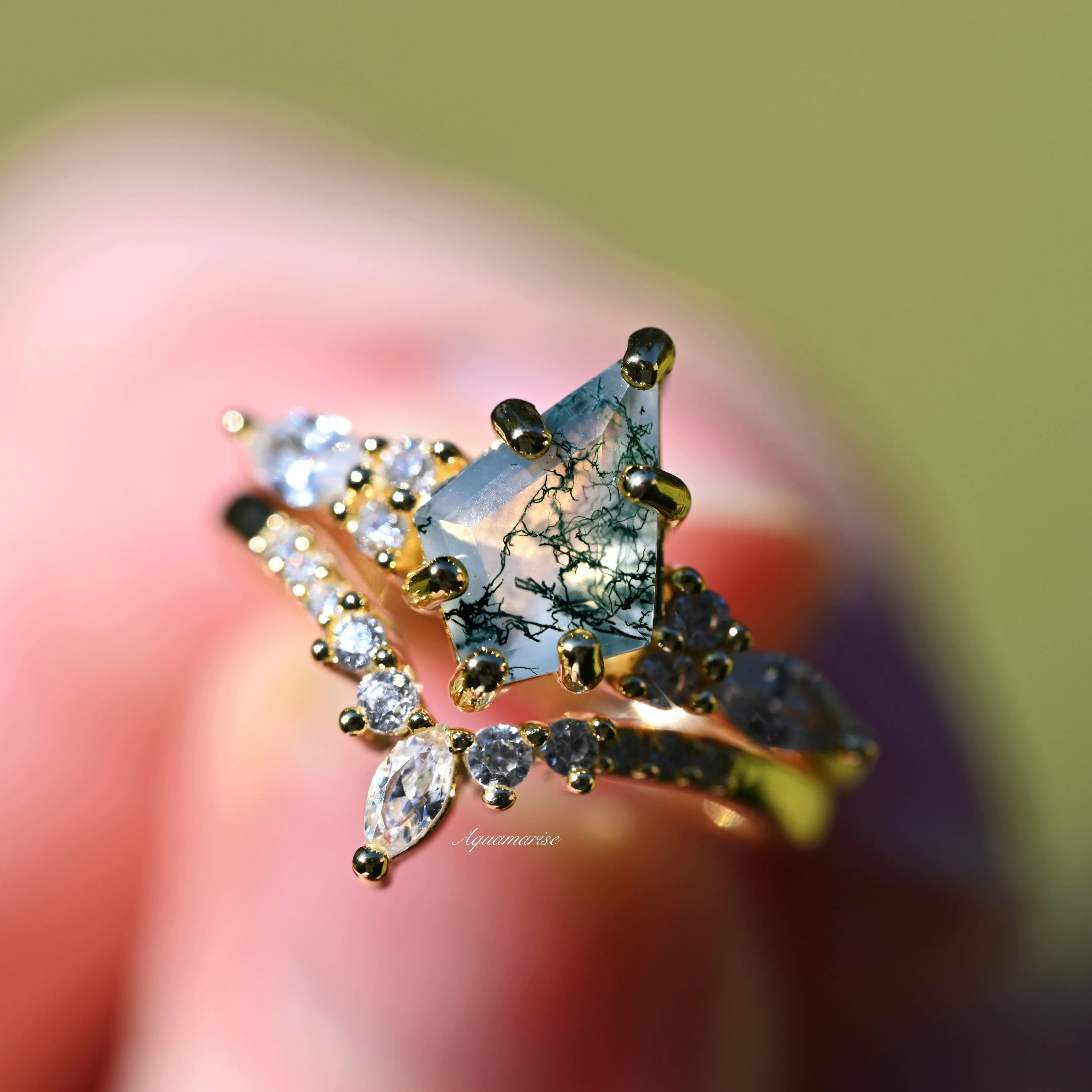 Skye Green Moss Agate Ring Set- 14K Solid Yellow Gold