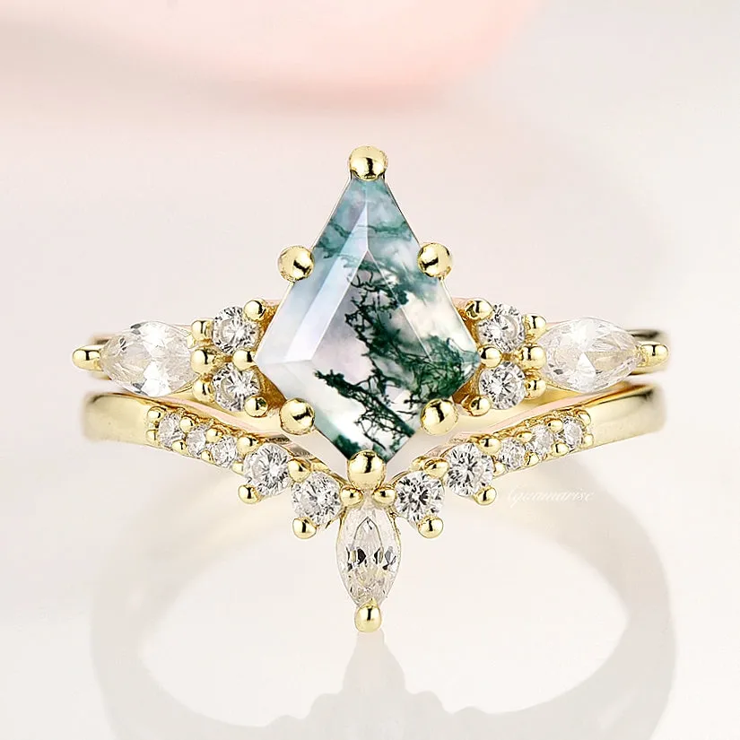 Skye Green Moss Agate Ring Set- 14K Solid Yellow Gold