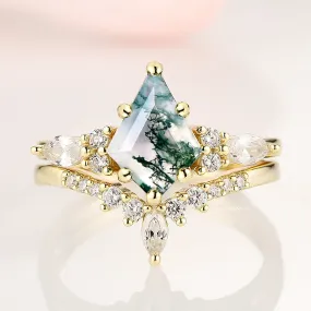 Skye Green Moss Agate Ring Set- 14K Solid Yellow Gold