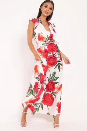 White Floral Frill Sleeve Maxi Dress - Persia