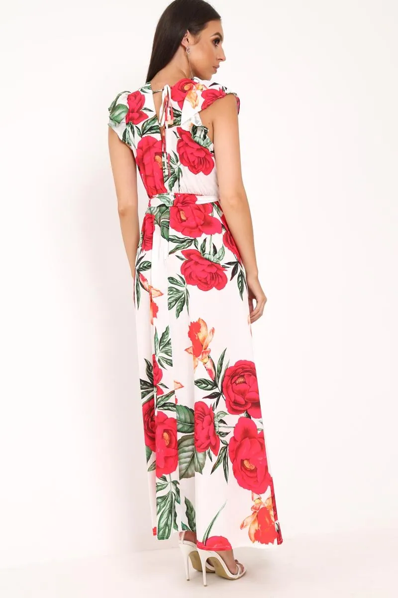 White Floral Frill Sleeve Maxi Dress - Persia