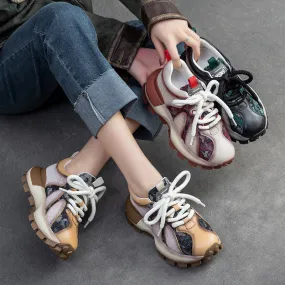 Women Fashion Color Matching Leather Lug Sole Casual Shoes