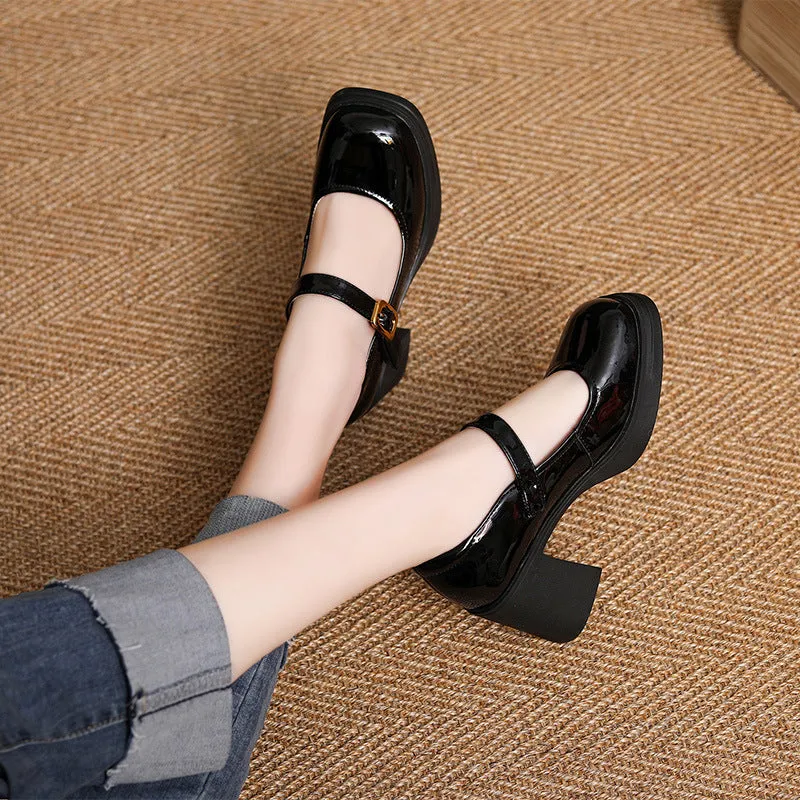 Women Minimalism Leather Chunky Heel Mary Jane Shoes