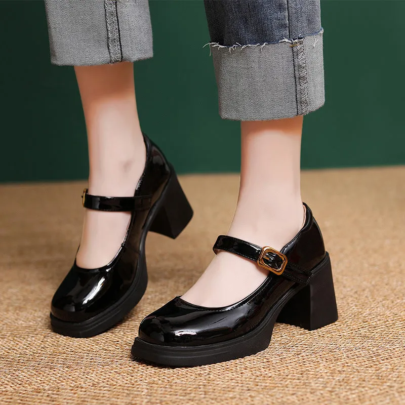 Women Minimalism Leather Chunky Heel Mary Jane Shoes