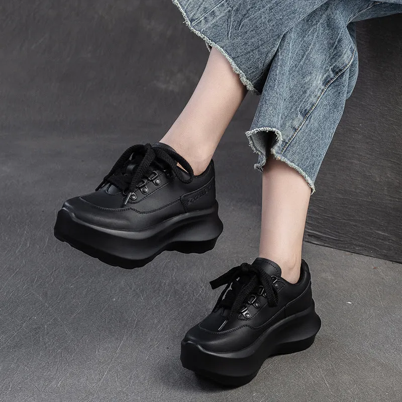 Women Retro Minimalism Solid Leather Platform Casual Shoes