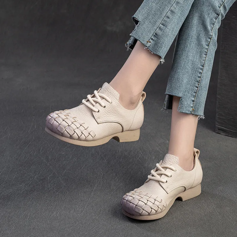 Women Retro Soft Plaited Cowhide Casual Shoes