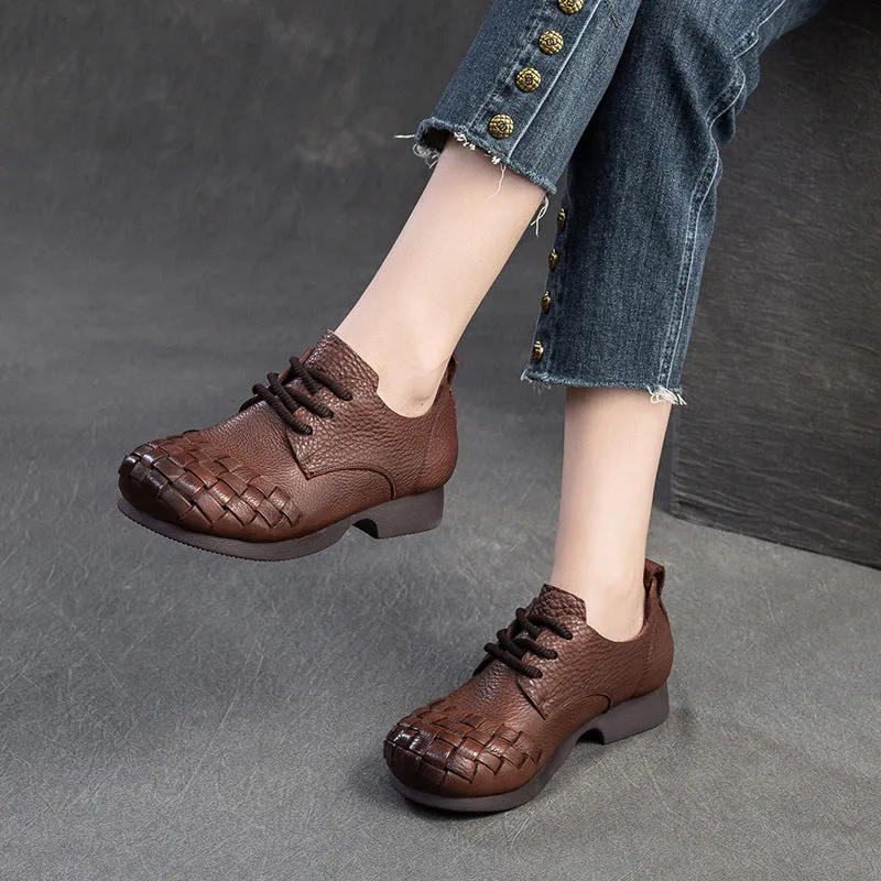 Women Retro Soft Plaited Cowhide Casual Shoes