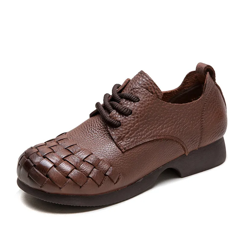 Women Retro Soft Plaited Cowhide Casual Shoes