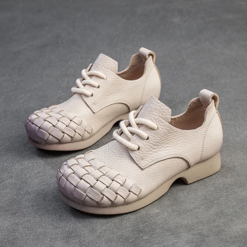 Women Retro Soft Plaited Cowhide Casual Shoes