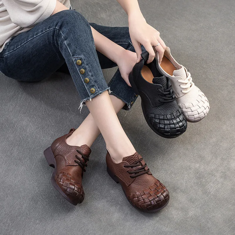 Women Retro Soft Plaited Cowhide Casual Shoes